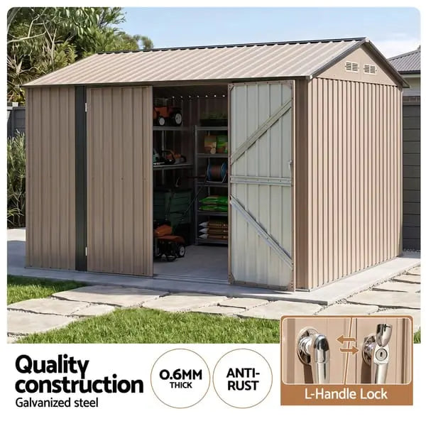 Lockable L-handle door system on Giantz 3x3m brown garden shed for security