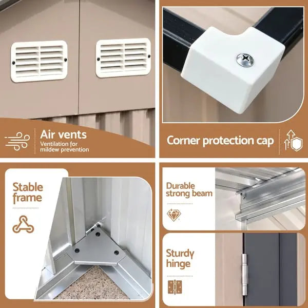 Integrated air vent detail on Giantz brown garden shed for ventilation and mildew prevention