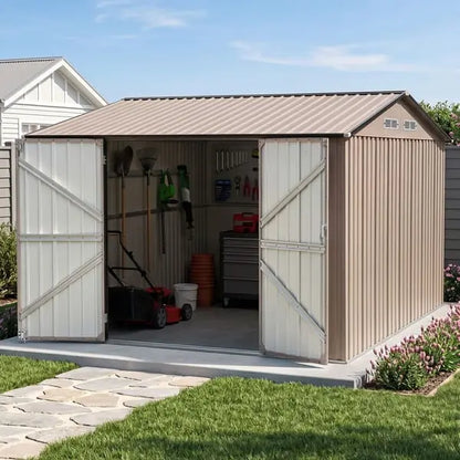 Giantz 3x3m brown steel garden shed installed in Australian backyard beside timber fence