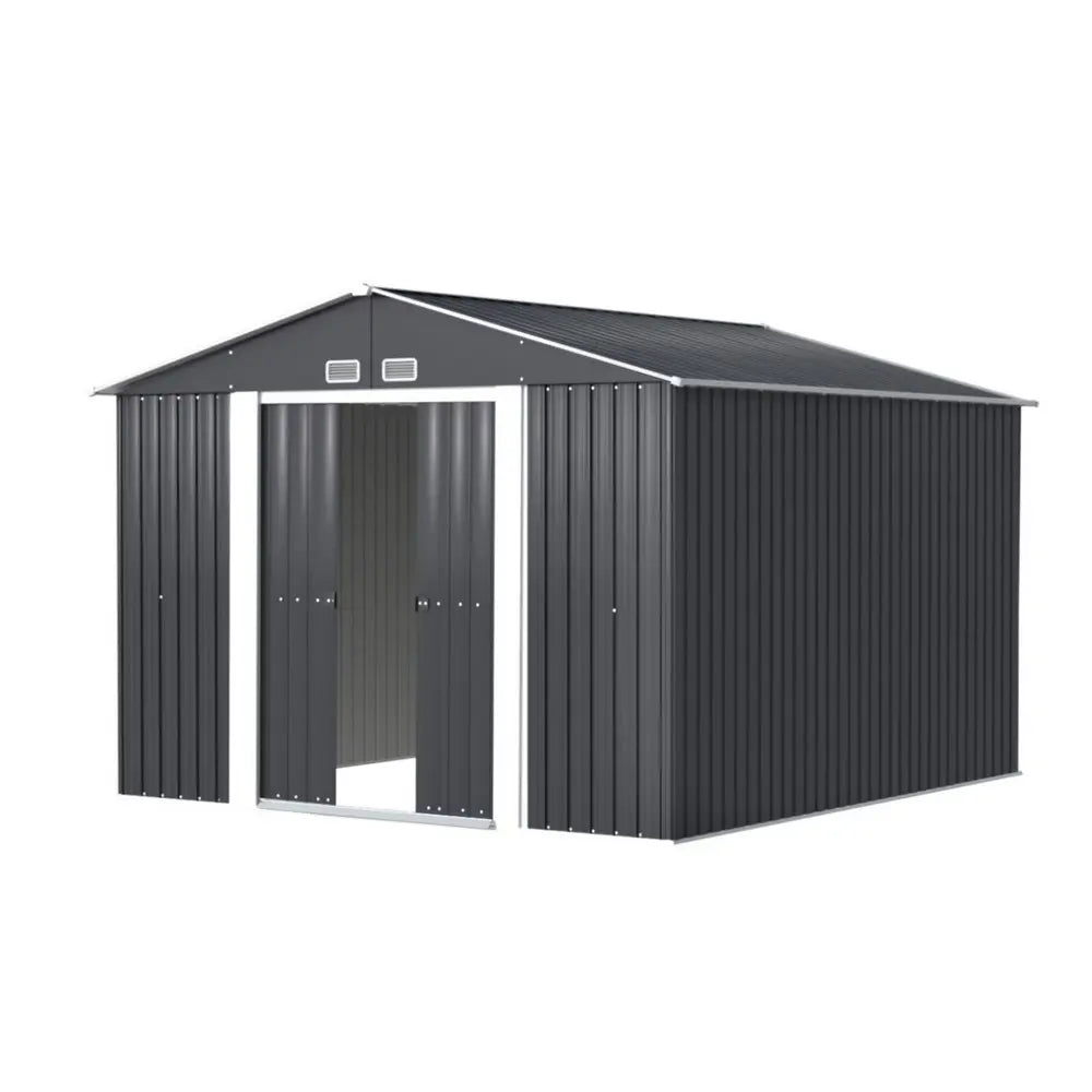 3x3 metre grey steel garden shed with double sliding doors in Australian backyard