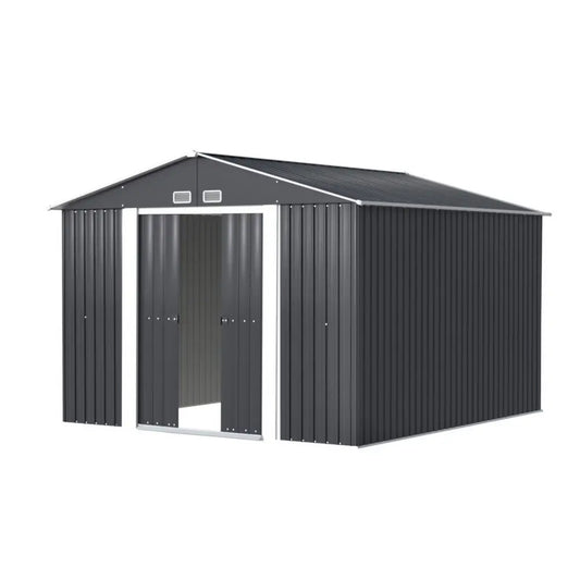 3x3 metre grey steel garden shed with double sliding doors in Australian backyard