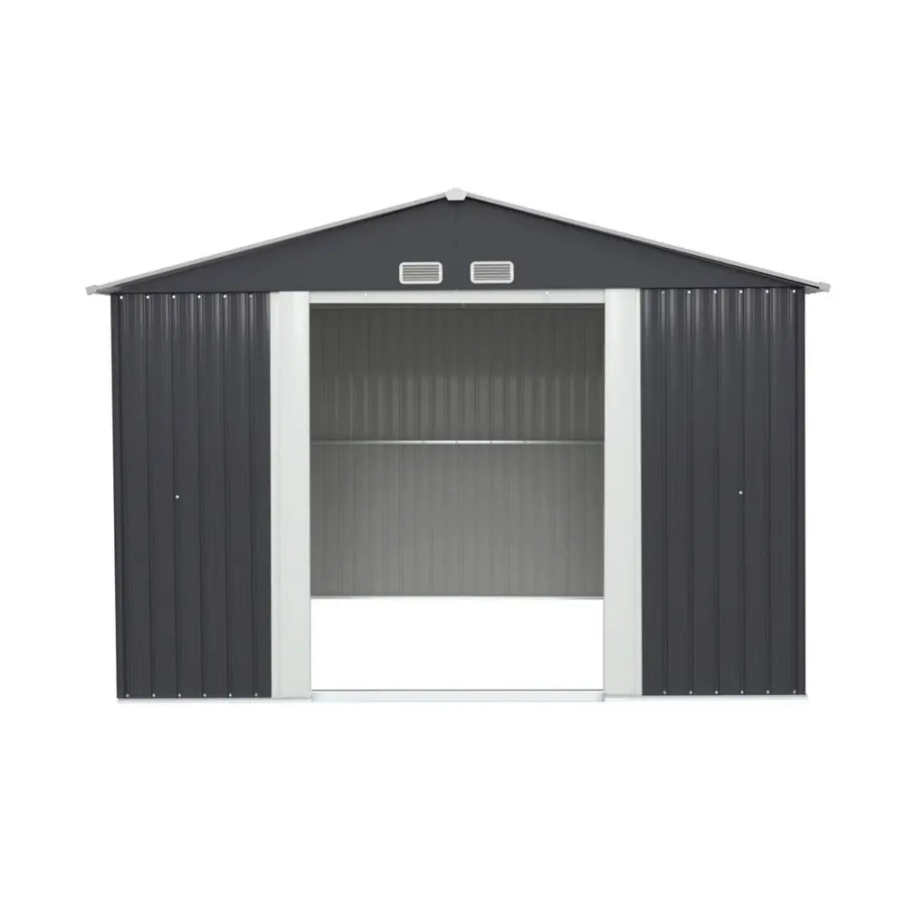 Spacious 9 square metre interior of metal garden shed for tool storage