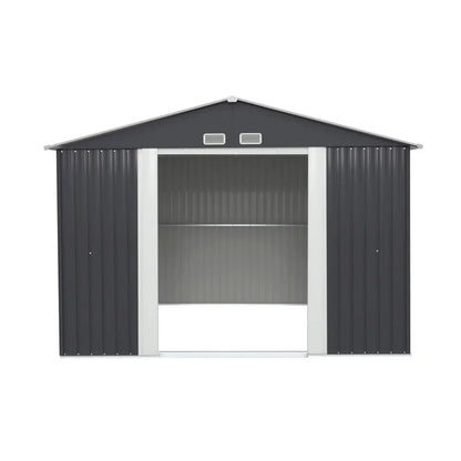 Spacious 9 square metre interior of metal garden shed for tool storage