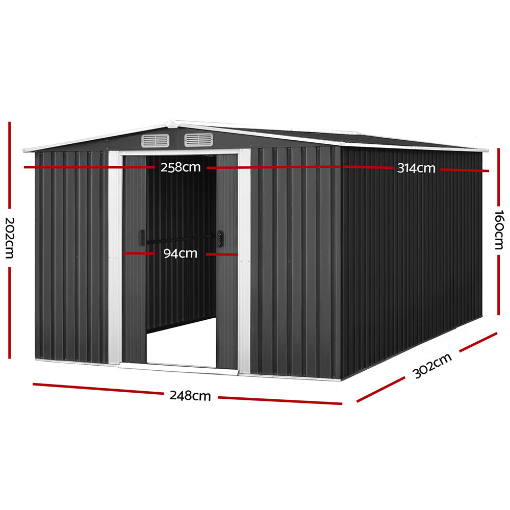 2.58x3.14M Garden Shed with Metal Base – Outdoor Workshop Storage with Sliding Doors & Air Vents, Grey