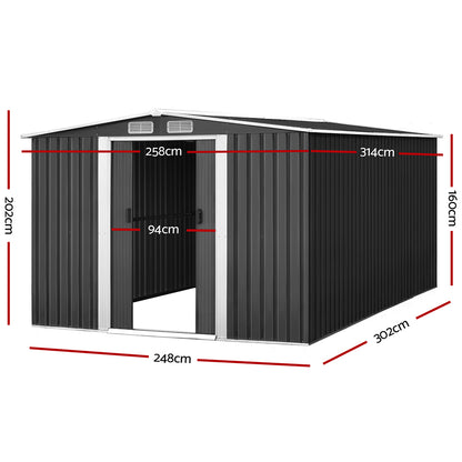2.58x3.14M Garden Shed with Metal Base – Outdoor Workshop Storage with Sliding Doors & Air Vents, Grey