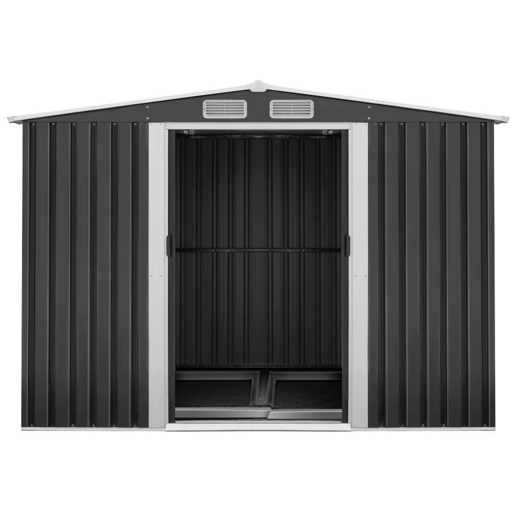 2.58x3.14M Garden Shed with Metal Base – Outdoor Workshop Storage with Sliding Doors & Air Vents, Grey
