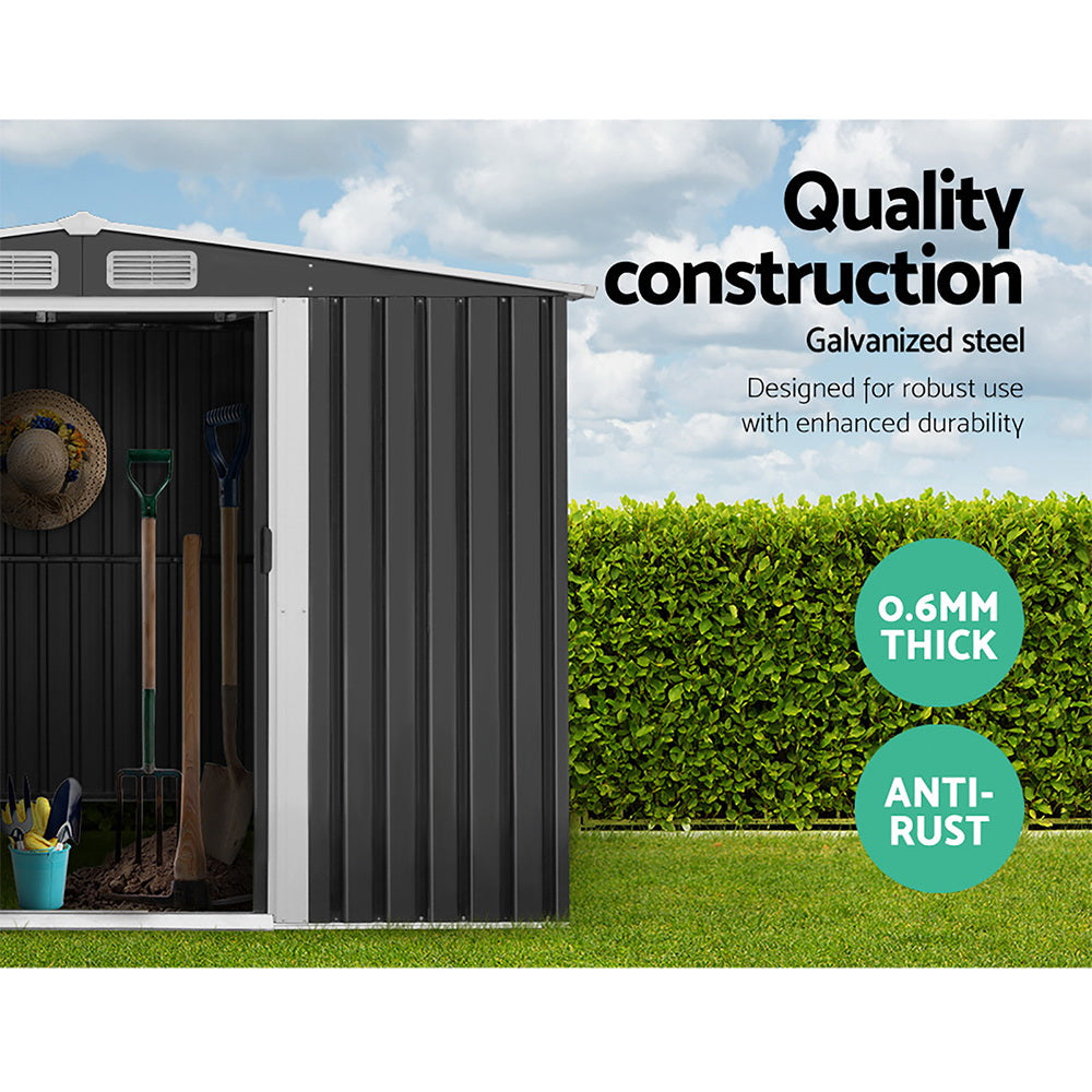 2.58x3.14M Garden Shed with Metal Base – Outdoor Workshop Storage with Sliding Doors & Air Vents, Grey