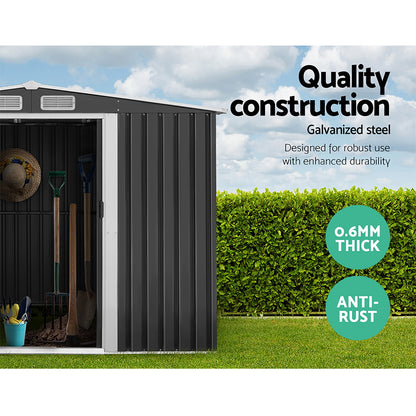 2.58x3.14M Garden Shed with Metal Base – Outdoor Workshop Storage with Sliding Doors & Air Vents, Grey