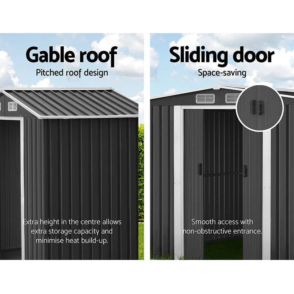 2.58x3.14M Garden Shed with Metal Base – Outdoor Workshop Storage with Sliding Doors & Air Vents, Grey