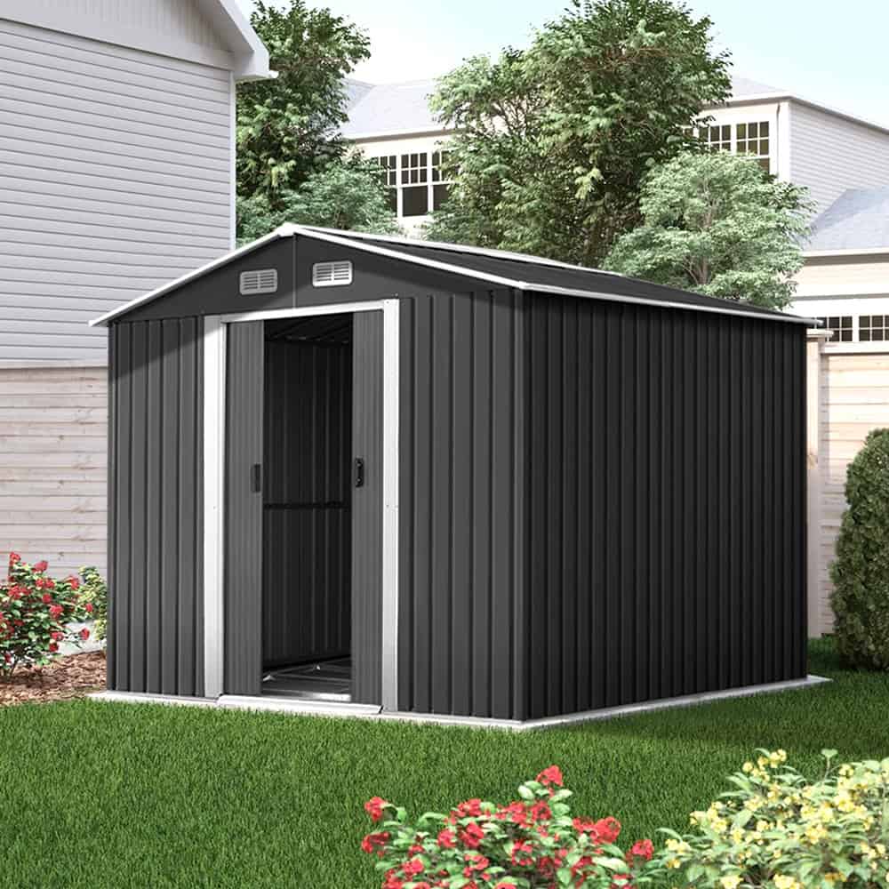 2.58x3.14M Garden Shed with Metal Base – Outdoor Workshop Storage with Sliding Doors & Air Vents, Grey