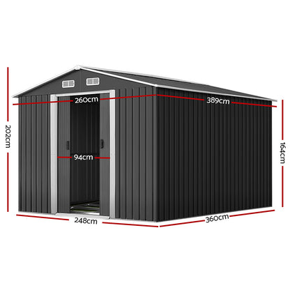 2.6x3.9m Metal Garden Shed with Base – Outdoor Storage Workshop with Sliding Doors & Vents – Grey