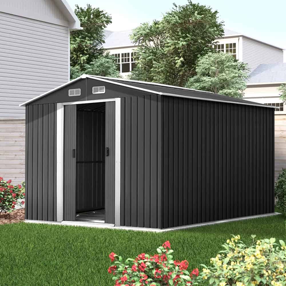 2.6x3.9m Metal Garden Shed with Base – Outdoor Storage Workshop with Sliding Doors & Vents – Grey