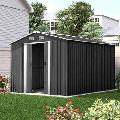 2.6x3.9m Metal Garden Shed with Base – Outdoor Storage Workshop with Sliding Doors & Vents – Grey