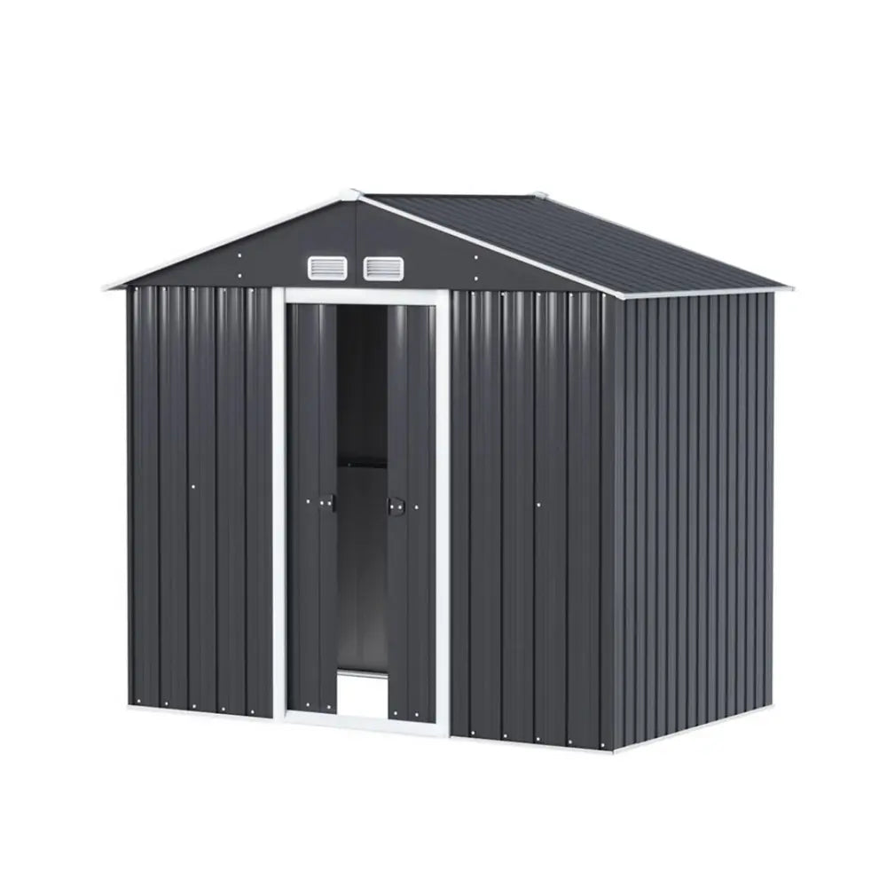 Grey galvanized steel garden shed 2.15m with double sliding doors for outdoor storage