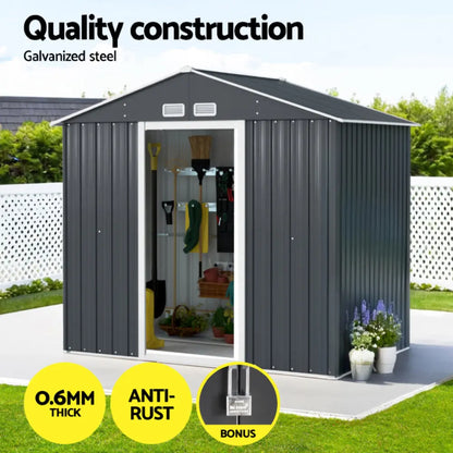Double sliding door system on weather-resistant garden storage shed