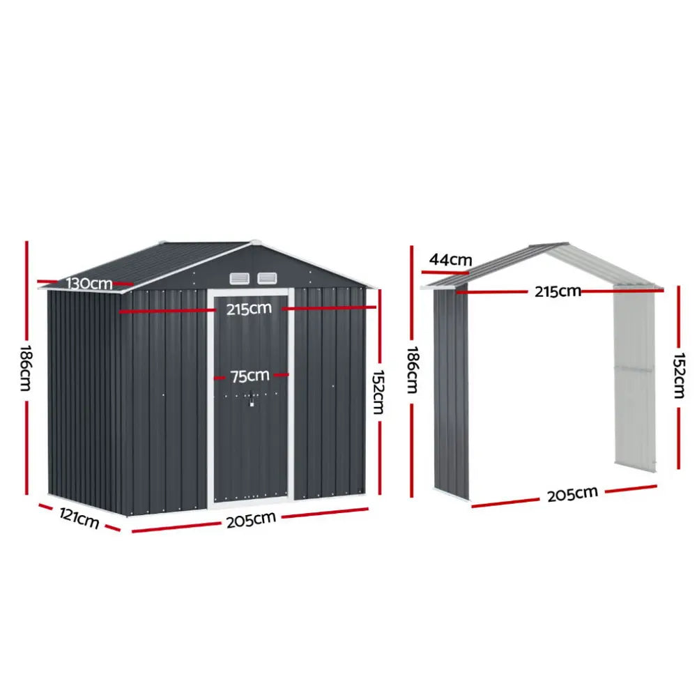 Garden shed dimensions 2.15x1.74m size comparison in typical Australian suburban backyard showing scale