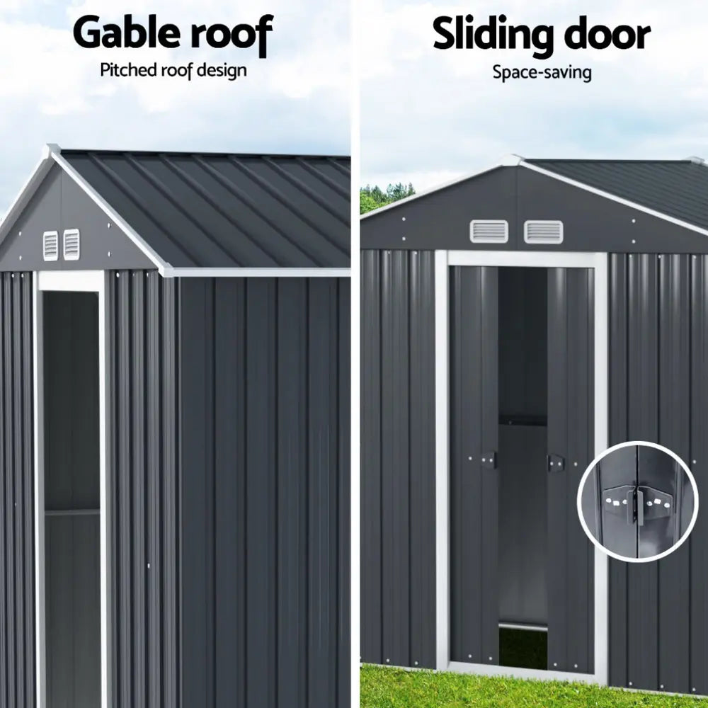 Galvanized steel garden shed withstanding Australian weather conditions showing sloped roof and ventilation system