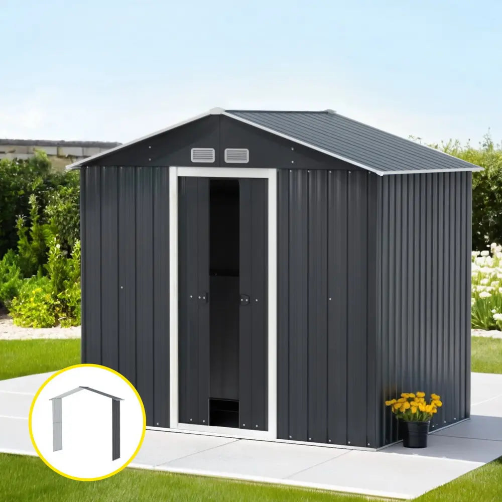 Giantz garden shed 2.15m with extension kit assembled in Australian backyard showing double sliding doors and grey steel construction
