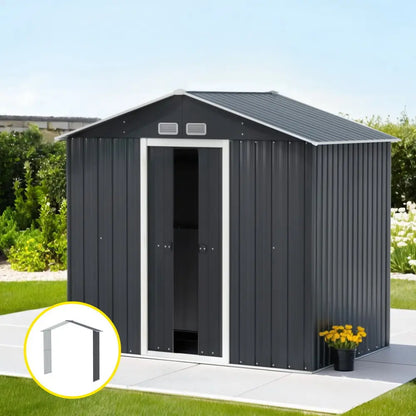 Giantz garden shed 2.15m with extension kit assembled in Australian backyard showing double sliding doors and grey steel construction
