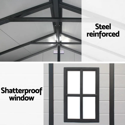 Polypropylene garden shed with shatterproof window providing natural light for workshop use