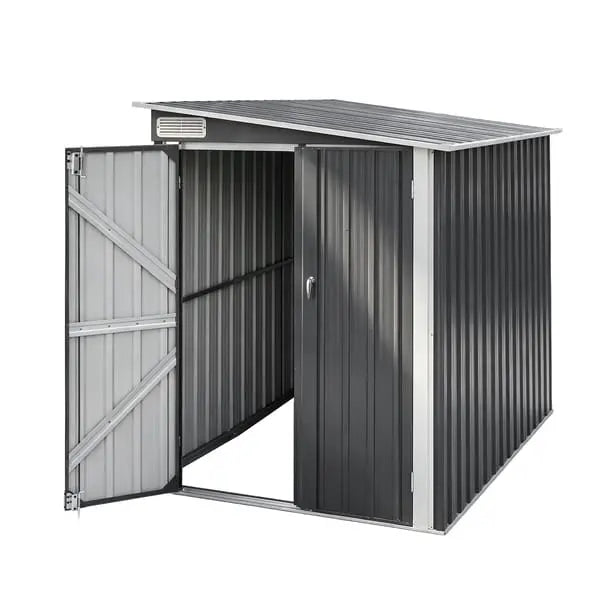 Giantz lean-to shed doors open showing 238cm deep interior storage for bikes mower and equipment