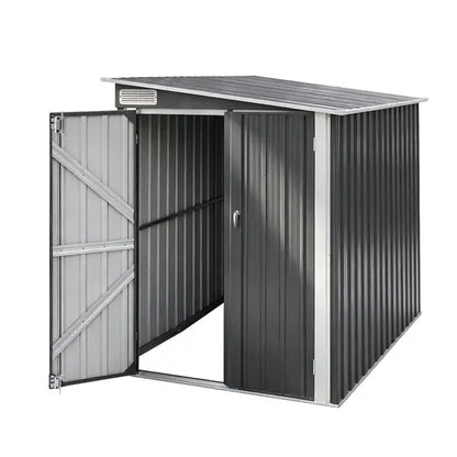 Giantz lean-to shed doors open showing 238cm deep interior storage for bikes mower and equipment
