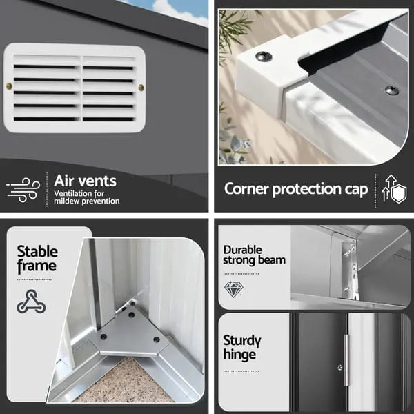 Integrated air vent detail on Giantz lean-to steel shed for ventilation and condensation prevention