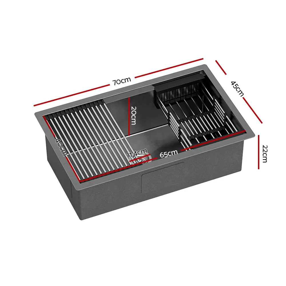 Cefito 70x45cm Stainless Steel Kitchen Sink with Drying Rack & Basket - Handmade 304 Grade
