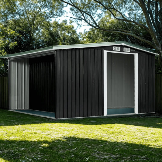 Black metal shed with sliding doors and side storage