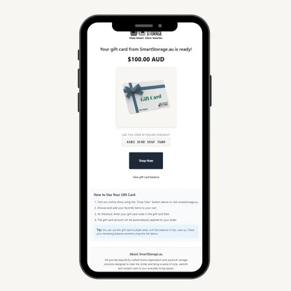 Smart Storage AU gift card email delivery shown on phone screen