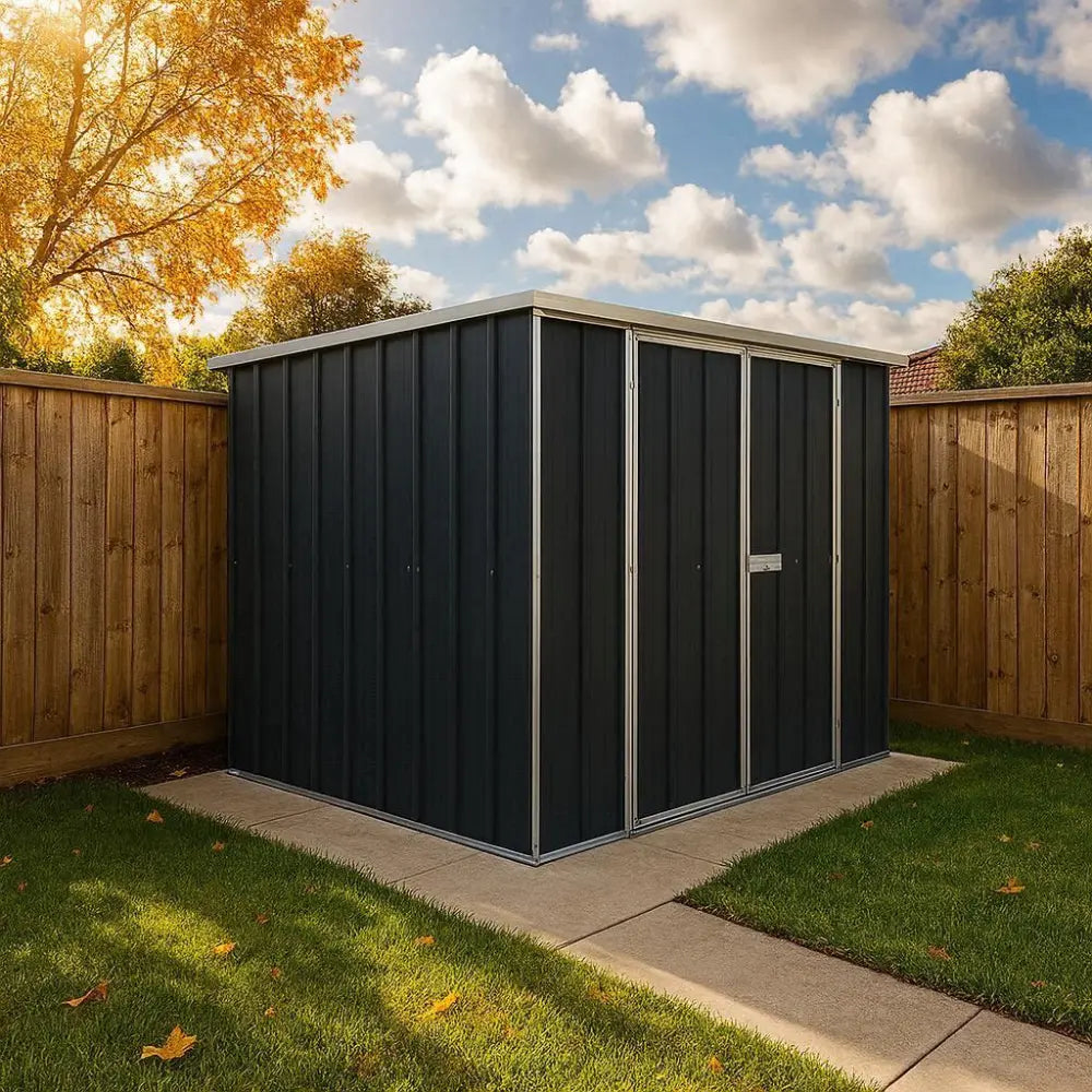 SpanBilt F64-D garden shed installed in Australian courtyard or backyard garden setting near fence