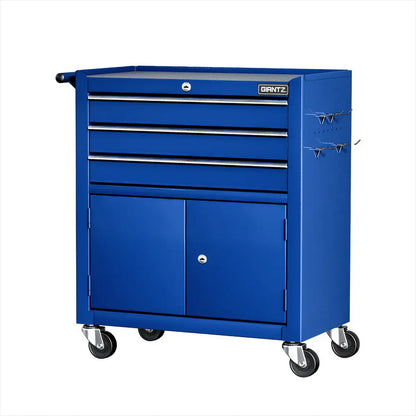 Giantz 3-Drawer Steel Tool Trolley with Cabinet & Side Pegboard  Lockable, Mobile Workshop Storage