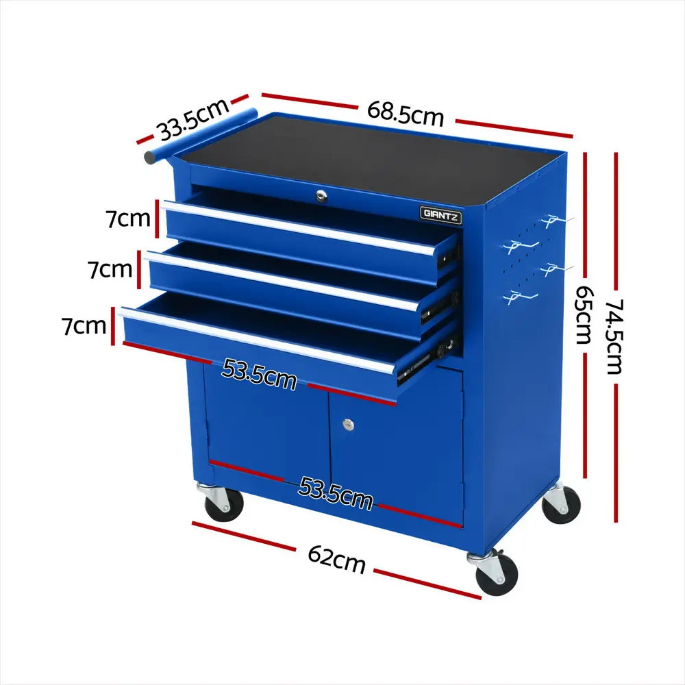 Giantz 3-Drawer Steel Tool Trolley with Cabinet & Side Pegboard  Lockable, Mobile Workshop Storage