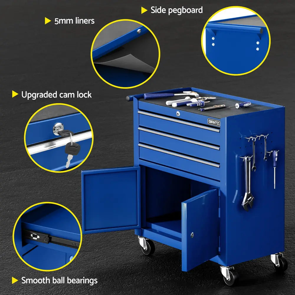 Giantz 3-Drawer Steel Tool Trolley with Cabinet & Side Pegboard  Lockable, Mobile Workshop Storage