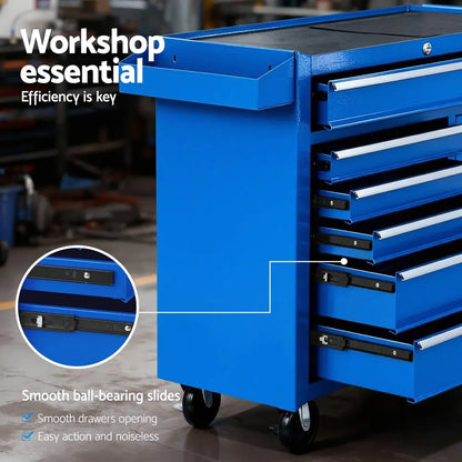 Ball bearing drawer slides on Giantz blue toolbox with EVA foam liners