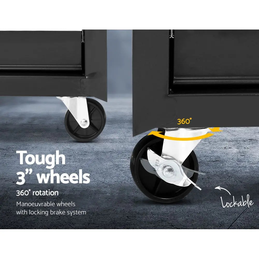 360 degree swivel castors with locking front wheels on tool trolley