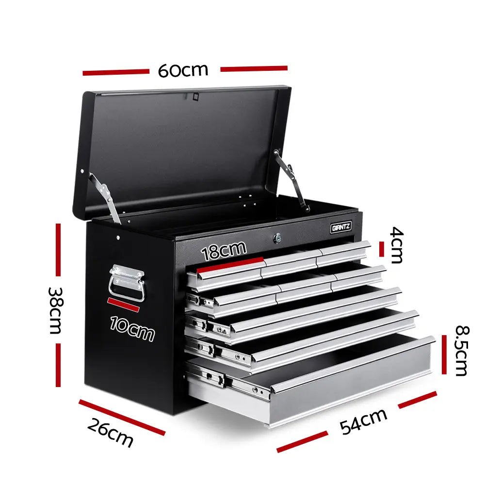 Tool chest dimensions showing 60cm width, 26cm depth, 38cm height with top storage compartment