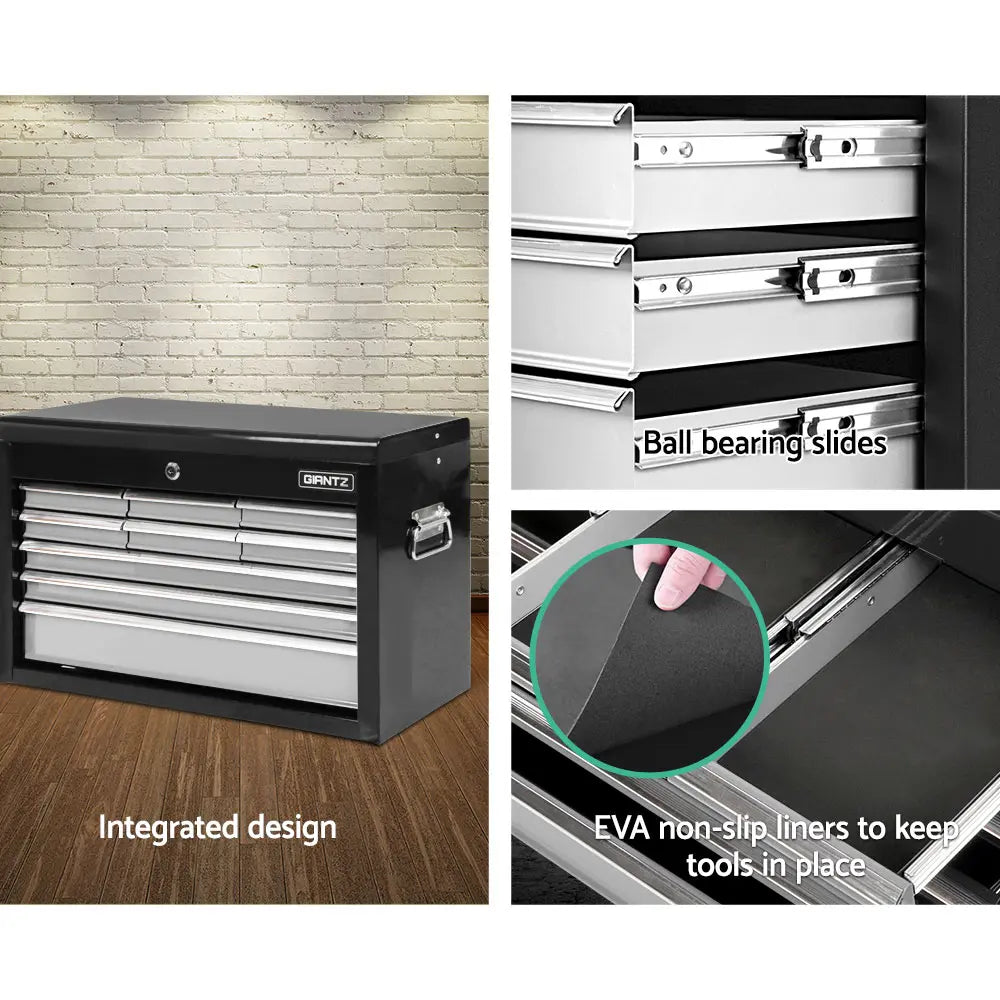 Close-up of smooth ball bearing drawer slides with non-slip scratch-proof liner in tool chest