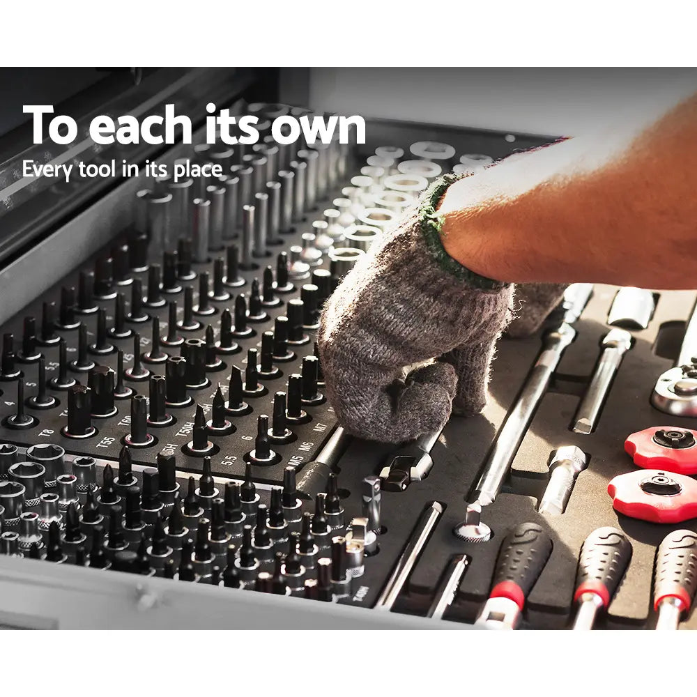 Tool chest drawers filled with organized socket sets, screwdrivers, wrenches and hand tools