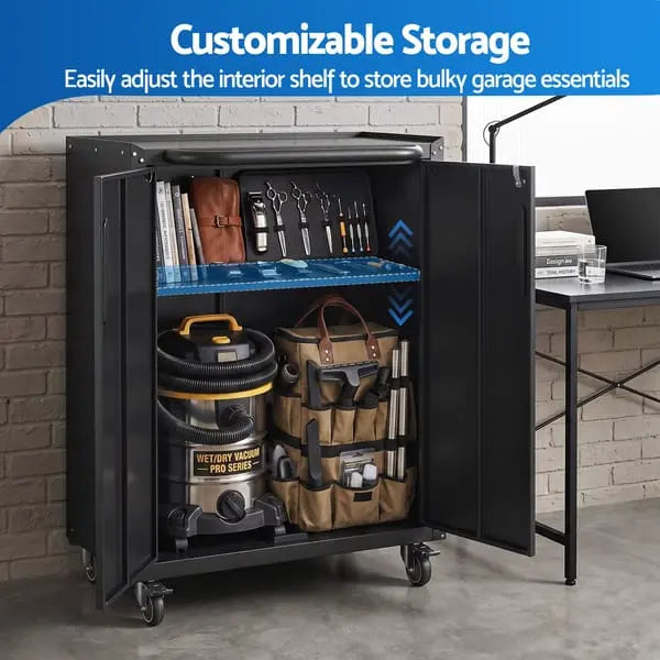 Black Giantz rolling tool cabinet with adjustable internal shelf