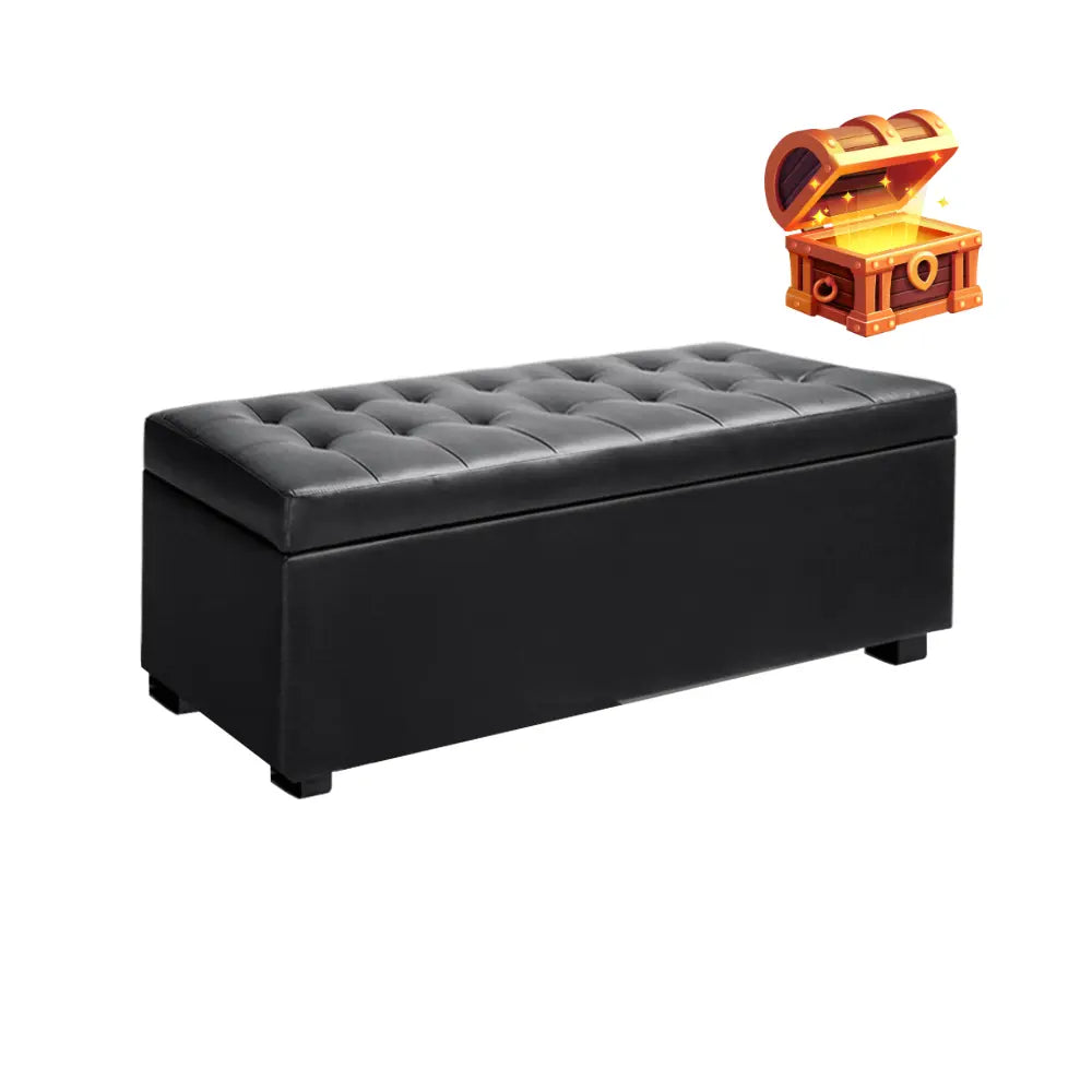 Artiss 97cm Black Storage Ottoman – PU Leather Blanket Box & Bench Seat with Hidden Storage
