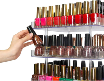 360° Rotating 3-Tier Nail Polish & Cosmetics Organiser - Elegant Acrylic Display Stand with Protective Guard – Perfect for Makeup Lovers