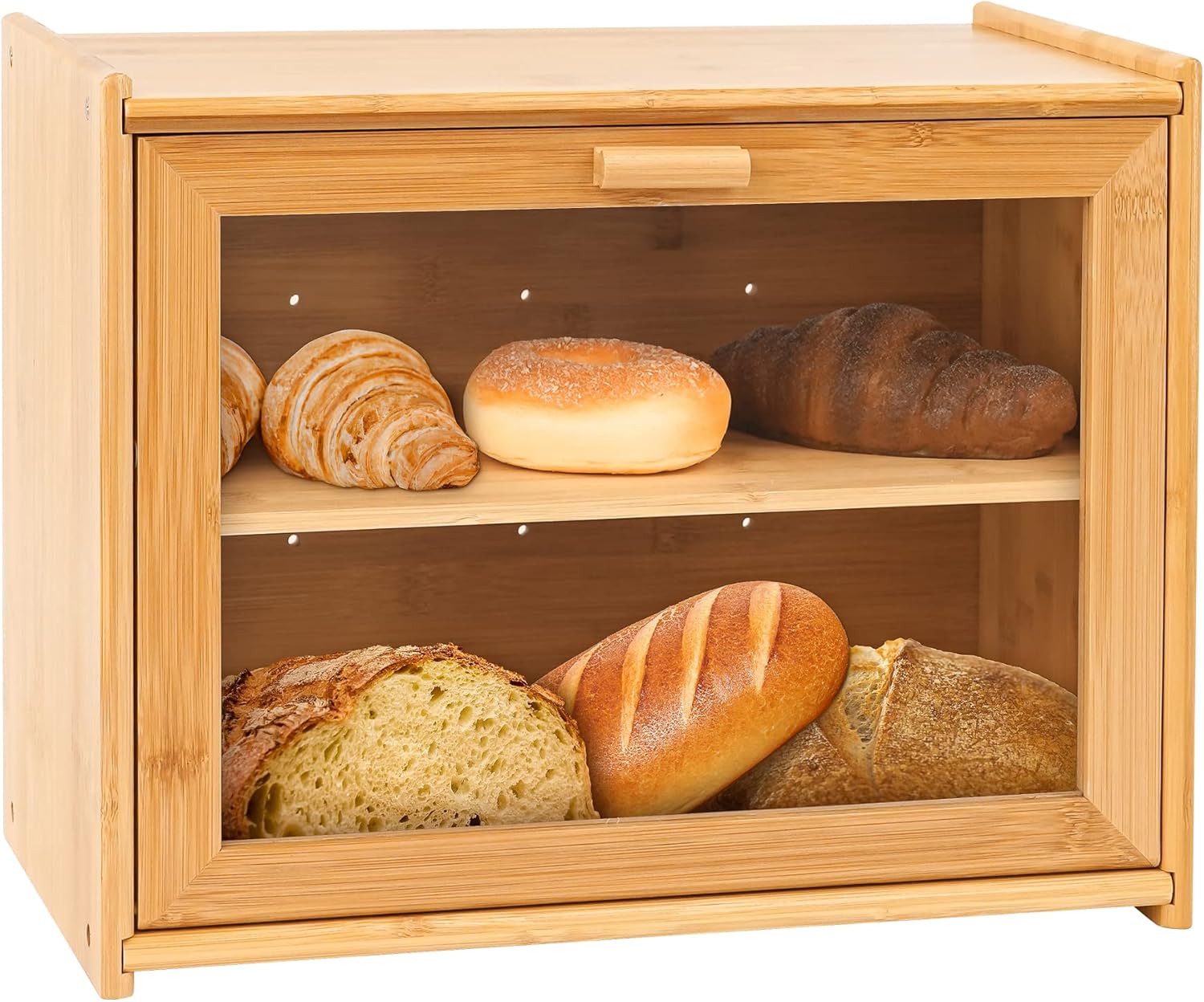 Wooden bread box with various types of bread displayed inside on a white background