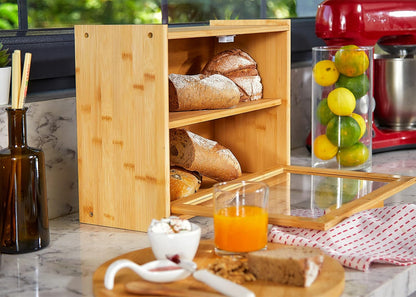 Double Layer Bamboo Bread Box – Large Capacity Kitchen Storage with Window for Fresh Baked Goods