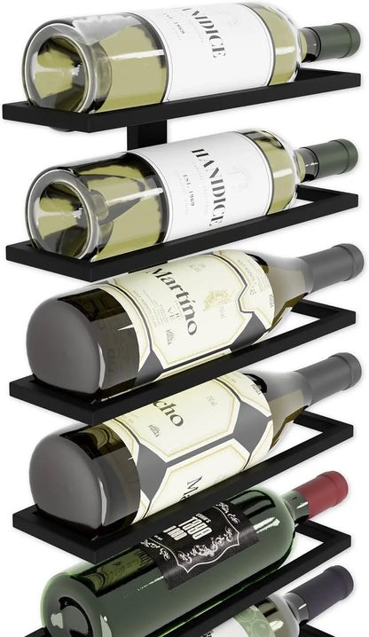 Close up of black metal wine rack showing secure bottle holders and matte powder coated finish
