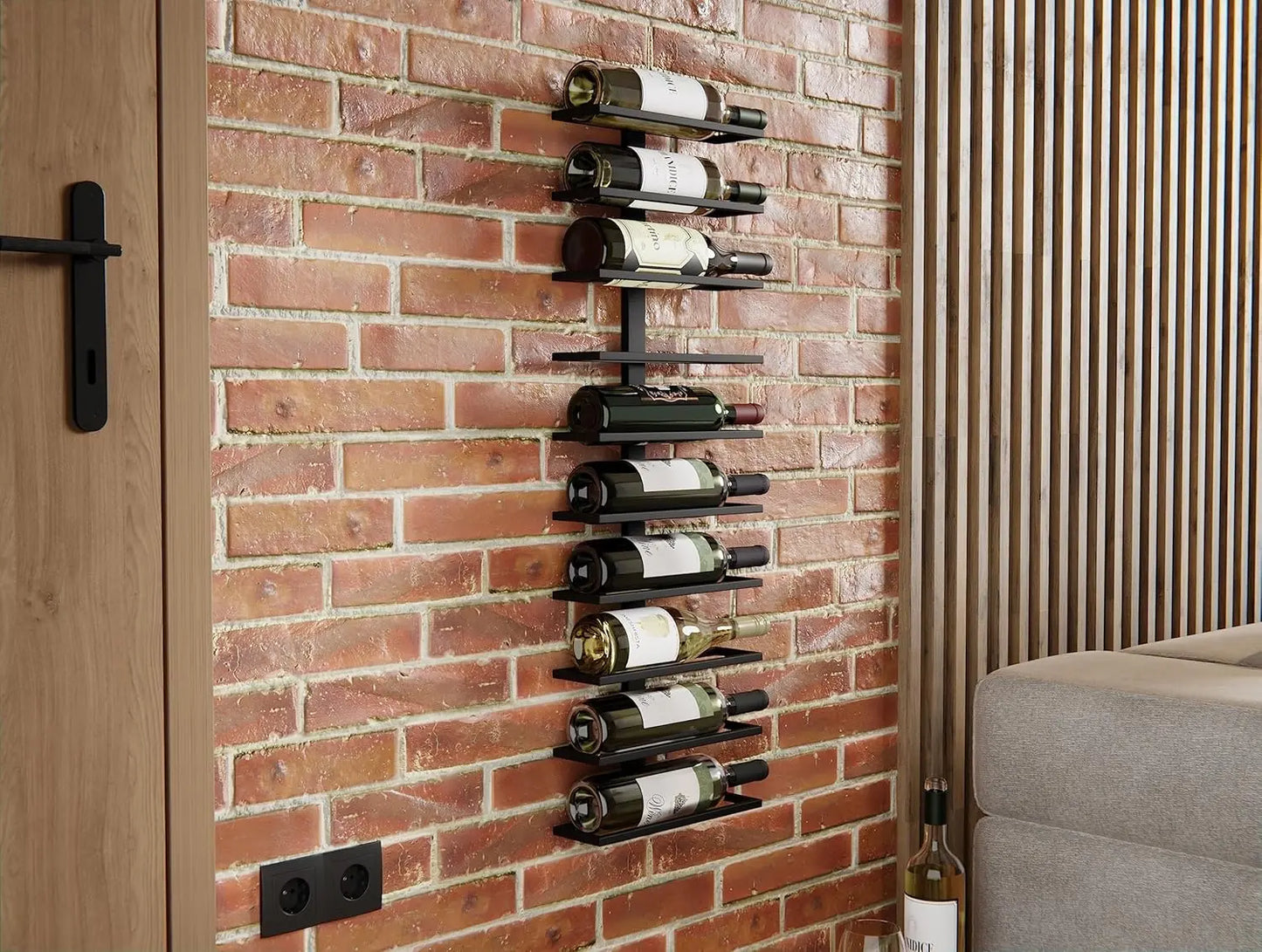 Wall mounted wine rack in dining room showing 10 bottles of red and white wine organized vertically