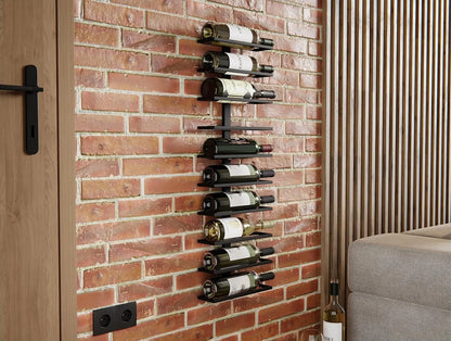 Wall mounted wine rack in dining room showing 10 bottles of red and white wine organized vertically