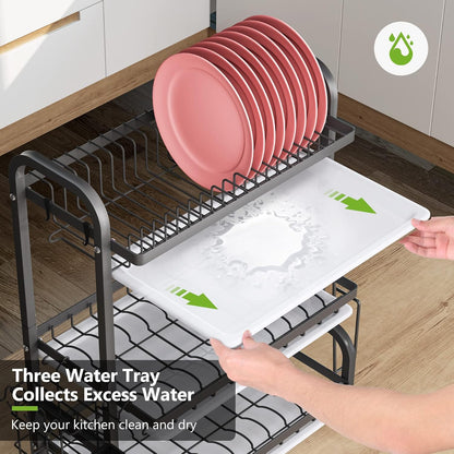 3-Tier Dish Drying Rack – Large Capacity Kitchen Organizer with Utensil & Cutting Board Holders – Rust-Resistant Stainless Steel