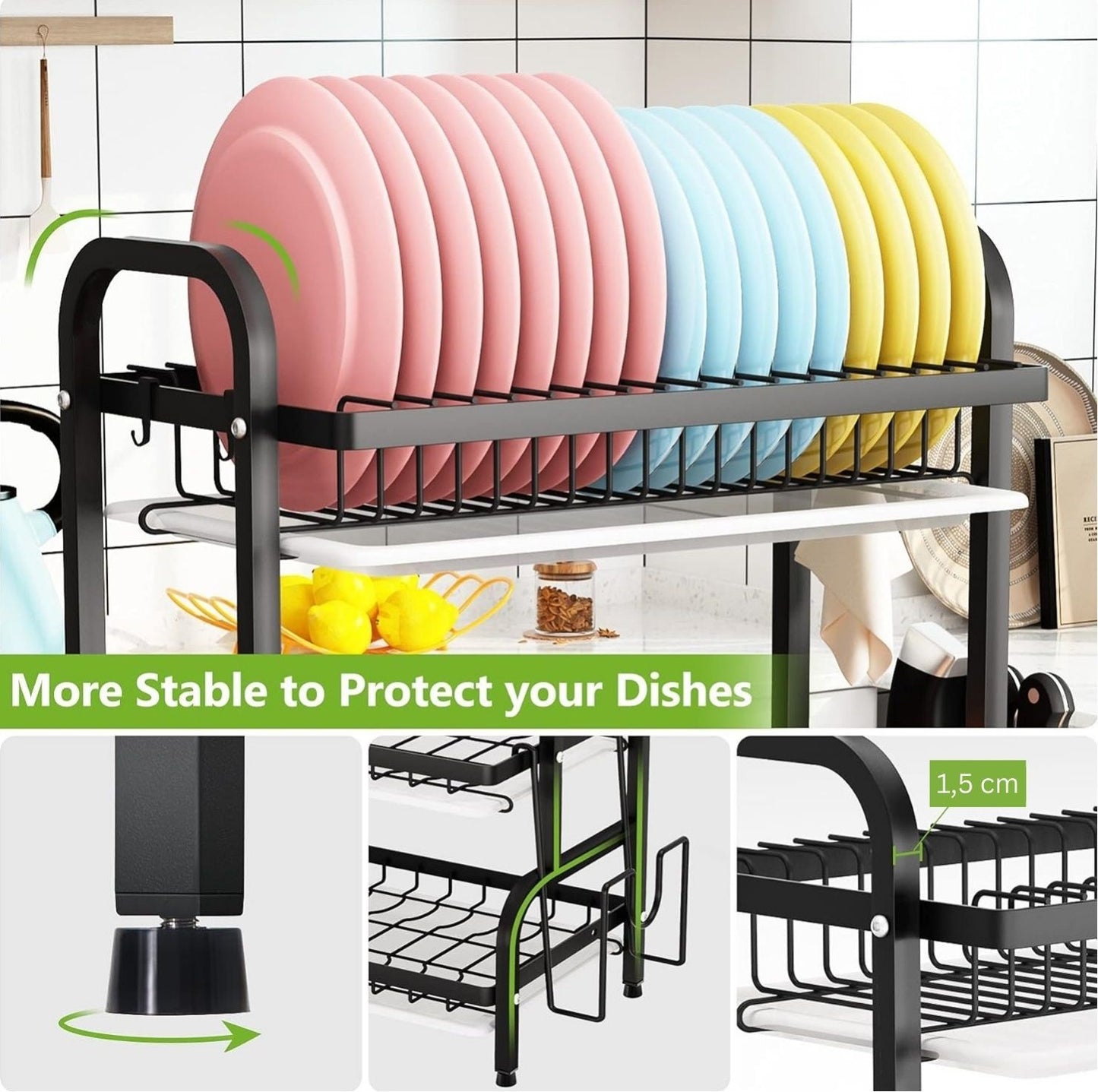 3-Tier Dish Drying Rack – Large Capacity Kitchen Organizer with Utensil & Cutting Board Holders – Rust-Resistant Stainless Steel