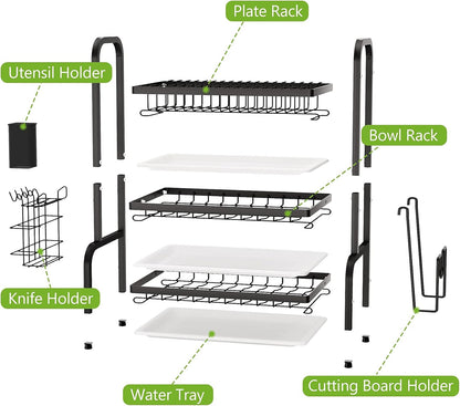 3-Tier Dish Drying Rack – Large Capacity Kitchen Organizer with Utensil & Cutting Board Holders – Rust-Resistant Stainless Steel